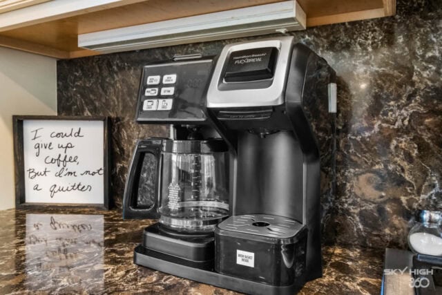 Coffee maker on kitchen countertop at Rivercliff Ridgehouse, Beaver Lake view vacation rental in Rog.