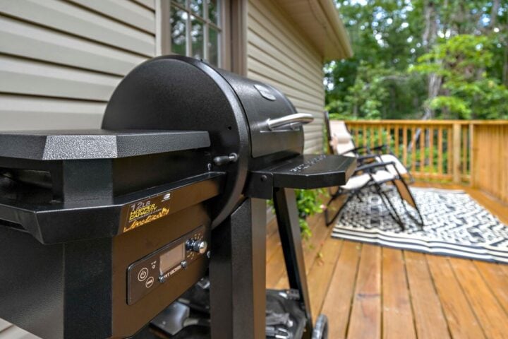 Grill on a wooden deck at OZ Adventure Retreat near Back 40 Trails.