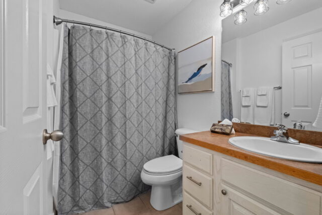 A bathroom with a white toilet, vanity with a wooden countertop, and a shower with a gray patterned.