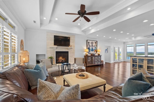 Cozy living room with fireplace and modern decor at Rivercliff Ridgehouse, a Beaver Lake view vacati.